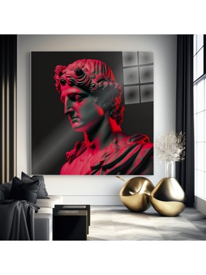 idora Klasik Erkek Büstü Cam Tablo | Neon Kırmızı ve Turkuaz Modern Sanat | Cam Tablo | Modern Duvar Dekoru