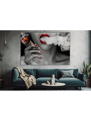 idora Kırmızı Dudaklı Dumanlı Portre Cam Tablo – Kontrast Pop Art Dekorasyon