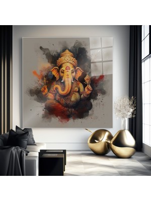 idora Ganesha Cam Tablo – Turuncu Siyah Dini ve Spiritüel Dekorasyon | Cam Tablo | Modern Duvar Dekoru