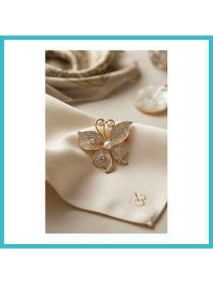 Defne Store Zirkon Taşlı Gold Renk Kelebek Model Broş Dfnbez