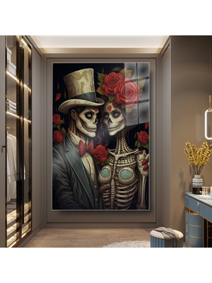 idora Iskelet Çifti ve Kırmızı Güller Cam Tablo – Gotik Vintage Dekorasyon | Cam Tablo | Modern Duvar Dekoru