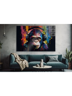 idora Kulaklıklı Renkli Şempanze Cam Tablo – Pop Art Modern Dekorasyon | Cam Tablo | Modern Duvar Dekoru
