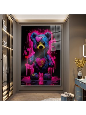 idora Neon Grafiti Ayıcık Cam Tablo – Modern Pop Art Dekorasyon | Cam Tablo | Modern Duvar Dekoru