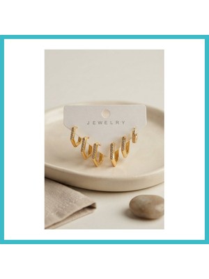 Defne Store Gold Renk Zirkon Taşlı Pirinç Petek Model Kadın Küpe Seti Dfnbez