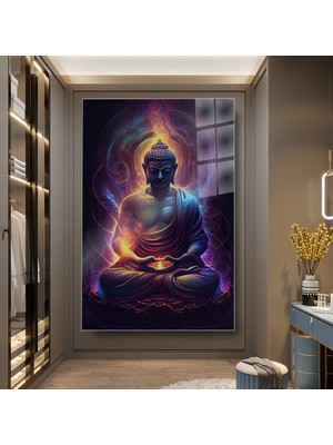 idora Bağdaş Kurarak Meditasyon Yapan Buda Figürü Renkli Işıklar Içinde Dikey Cam Tablo