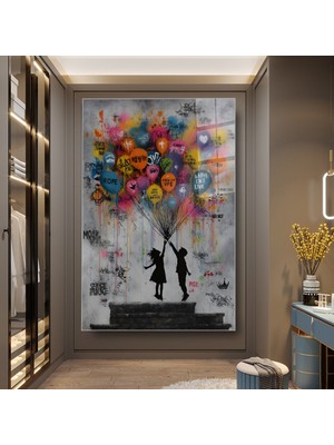 idora Renkli Balonlar ve Çocuk Silüetleri Cam Tablo – Grafiti Sokak Sanatı | Cam Tablo | Modern Duvar Dekoru