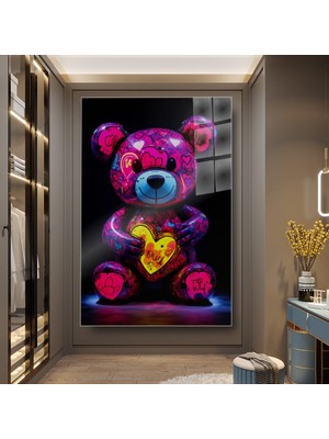 idora Büyük Kalp Tutan Neon Ayıcık Cam Tablo – Graffiti Esintili Pop Art Duvar Dekoru