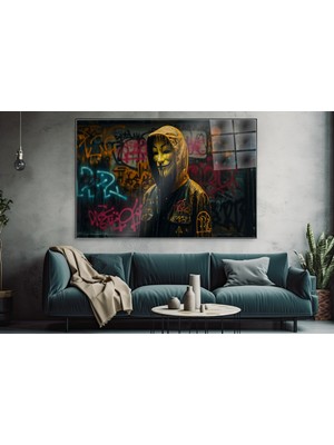 idora Kapüşonlu Maskeli Figür ve Grafiti Duvarı Yatay Cam Tablo | Cam Tablo | Modern Duvar Dekoru