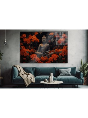 idora Meditasyon Yapan Buda Cam Tablo – Turuncu Çiçekli Zen Dekorasyon | Cam Tablo | Modern Duvar Dekoru