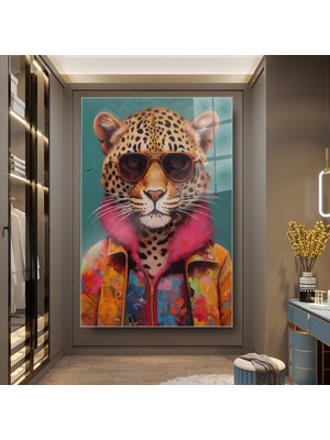 idora Güneş Gözlüklü Renkli Ceketli Leopar Portresi Cam Tablo | Cam Tablo | Modern Duvar Dekoru
