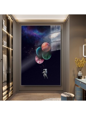 idora Ipli Astronot ve Renkli Gezegenler Uzay Temalı Dikey Cam Tablo | Cam Tablo | Modern Duvar Dekoru