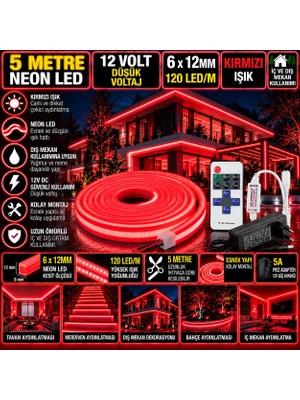 Powerr Led Aydınlatma 5m 12V 6X12MM 120 LED Kırmızı Neon LED 5A Priz Adaptör 12A Tek Renk Kumandalı Rf Dimmer Set