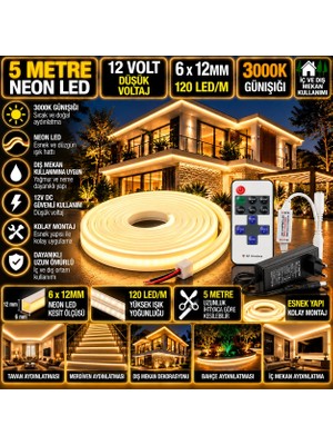 Powerr Led Aydınlatma 5m 12V 6X12MM 120 LED 3000K Günışığı Neon LED 5A Priz Adaptör 12A Tek Renk Kumandalı Rf Dimmer Set