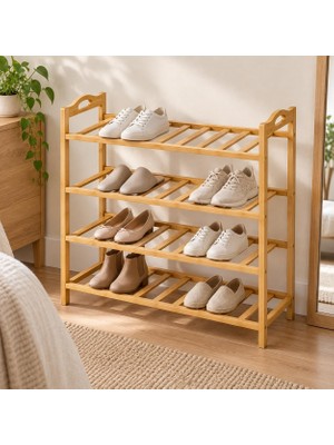 Tr Dekoratif Bambu Ahşap 4 Katlı Ayakkabılık, 67 x 23 x 66 Cm, Çıtalı Raflı Çok Amaçlı Ay