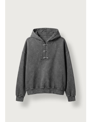 Abluka Online Erkek Boxy Fit Yıkamalı Metal Tokalı Kapüşonlu Sweatshirt Füme