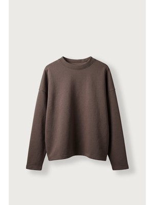 Abluka Online Erkek Boxy Fit Basic Bisiklet Yaka Scuba Sweatshirt Kahverengi