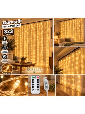 Ecrella Gün Işığı Perde Peri LED 3x3 Metre USB Girişli Uzaktan Kumandalı 8 Modlu Işıklı LED