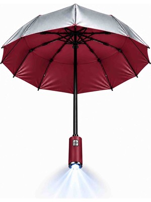 Upeka Premium Otomatik 10 Telli LED Fenerli Uv Koruma Çift Katmanlı Su Geçirmez Deri Kılıflı Şemsiye