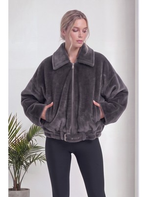 thezkscom Kadın Bomber Ceket Kemer Detaylı Fox Kumaş Siyah, Bordo, Kahverengi, Gri