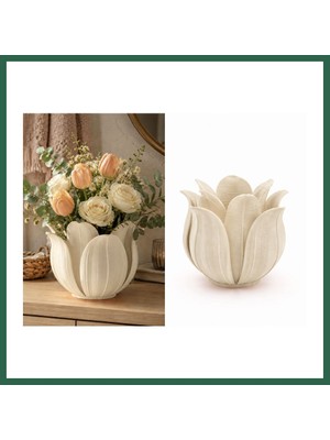 Vintessy Vıntessy 3D Baskı Lotus Yapraklı Vazo - Dekoratif Çiçeklik-Bej BZS01