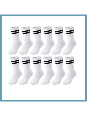 Bezos Unisex Beyaz Çorap Siyah Çizgili 12'li Set Uzun Soket Günlük Spor Kolej Stil Kadın Erkek Çorabı MBT06