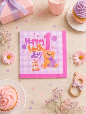 Parti Adresi 1 Yaş Peçete Happy Birthday Yazılı Kız Çocuk Peçete Pembe