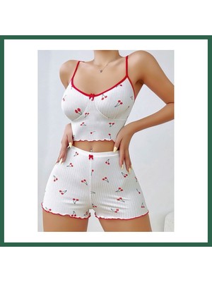 Vintessy Vıntessy Kadın Vişne Desenli Dantel Askılı Şortlu Pijama Takımı 5193 · Beden: S/m · Renk: Beyaz BZS01