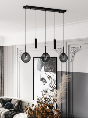 Tr Nara Siyah Metal Gövdeli 5'li Modern Sıralı Sarkıt Avize- 2 Spot LED 3 Füme Cam Küre Avize