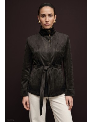 Sateen Kuşaklı Süet Ceket - Kahve