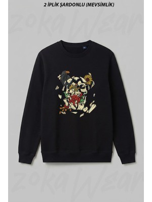 Zoka Wear Iskelet Karga Gul Cicek Tasarim Ön Baskılı Bisiklet Yaka Sweatshirt