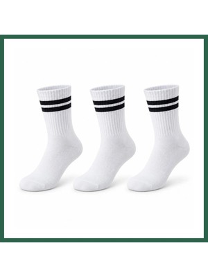 Vintessy Vıntessy Unisex Beyaz Çorap Siyah Çizgili 3'lü Set Uzun Soket Günlük Spor Kolej Stil Rahat Kadın Erkek Çorabı BZS01