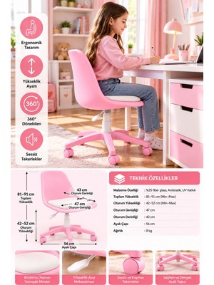 Gato Shop Pembe Ergonomik Çalışma Sandalyesi – Yükseklik Ayarlı, 360° Döner, Minderli ve Tekerlekli Çocuk Genç Odası Sandalyesi
