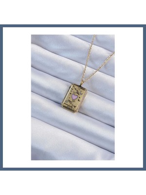 Bezos 316L Çelik Zincir Eskitme Gold Renk Pembe Mineli Kalp Figürlü Tarot Kolye BZS10