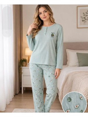 Lindros Kadın Avokado Desenli Büyük Beden Kışlık Pijama Takım