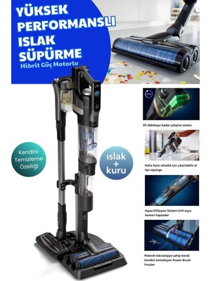 Philips Yeni 9000 Serisi Hibrit Güç Motorulu Kendini Temizleme Fonksiyonlu Aquatrio Kablosuz Dikey Süpürge, Şarj Istasyonu​, Aquaspin Başlık + Tiftik Cihazı (Onerous)