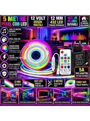 Powerr Led Aydınlatma 5m 12V 12MM 432 Ledli Iç Mekan Pixel Cob LED 5A Priz Adaptör Sese ve Müziğe Duyarlı Pixel Kumandalı Set