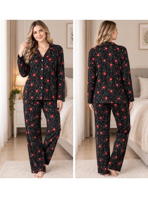 Lindros Önden Düğme Detaylı Süet Yıldızlı Pijama Takımı