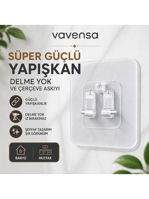 Elarque Şeffaf Yapışkanlı Çerçeve Askısı Delmeden Duvar Askı Aparatı 4ADET