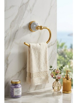 Elarque Gold Yuvarlak Taşlı Beyaz Havluluk
