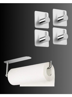 Elarque Paslanmaz Çelik Yapışkanlı Kağıt Havluluk ve 4 Adet Banyo Askısı Set