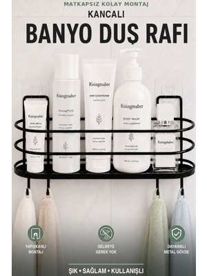 Elarque Siyah Metal Banyo Düzenleyici Raf, Şampuanlık ve Duş Rafı, 4 Askılı