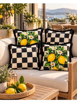 Sunum Luxe Sunumluxe Damalı Limon Desenli 4’lü Saçaklı Kırlent Kılıfı