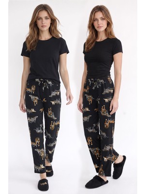 Kompedan Kadın Süet Siyah Kaplan Desen Pijama Tek Alt