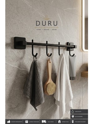 Elarque Mat Siyah Dört Kancalı Bornoz Havlu Askılığı