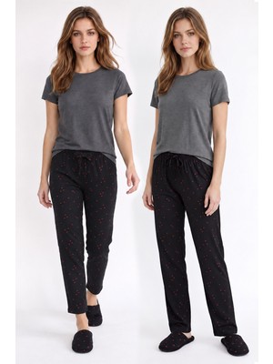 Kompedan Kadın Süet Siyah Kalp Desen Pijama Tek Alt