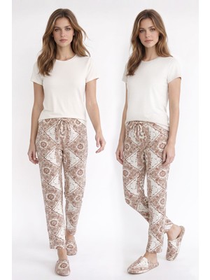 Kompedan Kadın Süet Bej Şal Desen Pijama Tek Alt