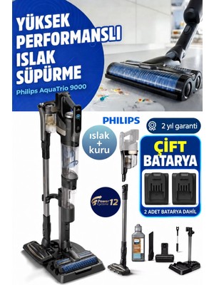 Philips Çift Bataryalı Yeni 9000 Serisi Aquatrio Kablosuz Dikey Süpürge, Hibrit Güç Motorlu, Otomatik Temizleme ve Şarj Istasyonu​, Aquaspin Başlık + Tiftik Cihazı(Onerous)