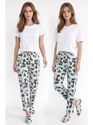 Kompedan Kadın Süet Mint Çiçek Desen Pijama Tek Alt