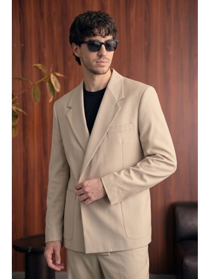 Erkek Kruvaze Düğmeli Oversize Takım Elbise Bej