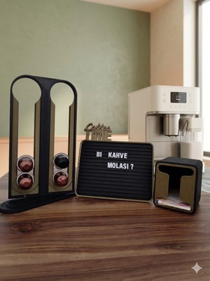 Meta ThreeD Premium 3'lü Kahve Köşesi Seti - Nespresso Kapsül Standı, Bi Kahve Molası Motto Panosu ve Çay Saklama Standı